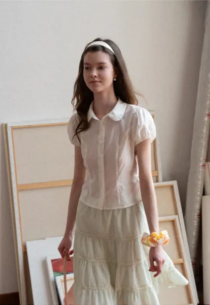 Short Sleeve Button Up Shirt with Collar and Puffed Sleeves