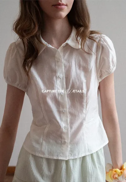 Short Sleeve Button Up Shirt with Collar and Puffed Sleeves