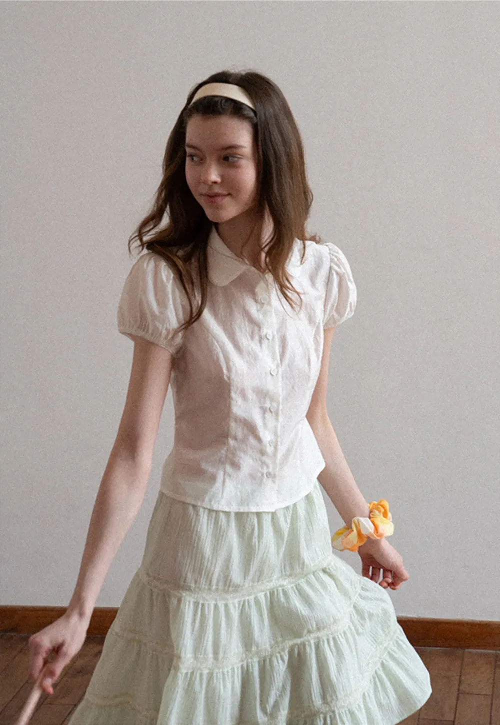 Short Sleeve Button Up Shirt with Collar and Puffed Sleeves