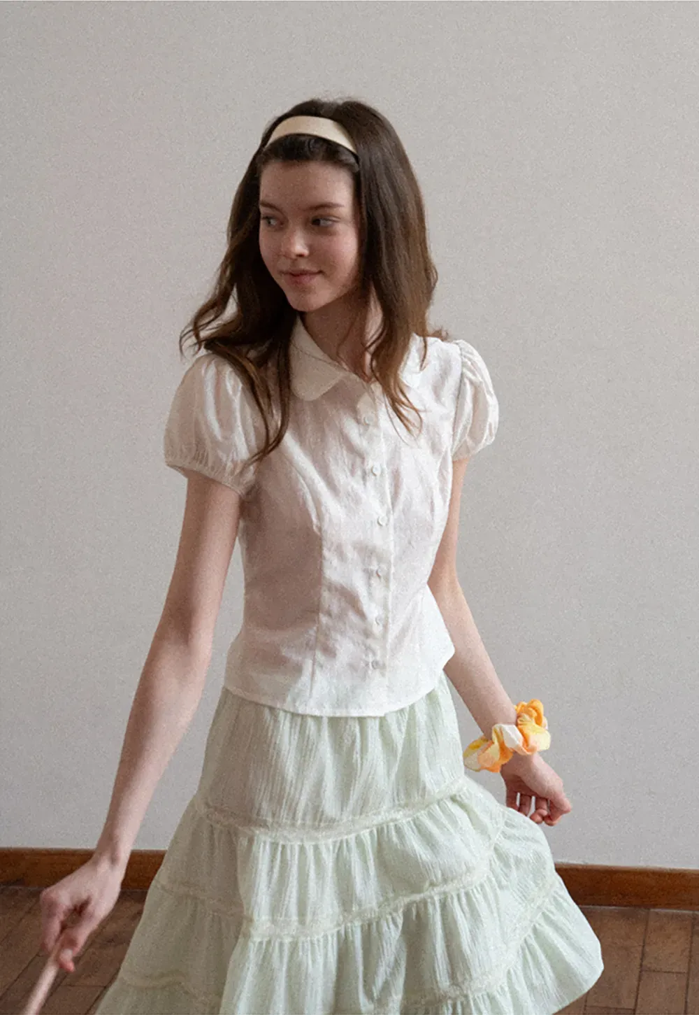 Short Sleeve Button Up Shirt with Collar and Puffed Sleeves