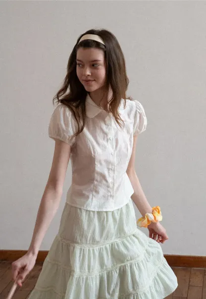 Short Sleeve Button Up Shirt with Collar and Puffed Sleeves