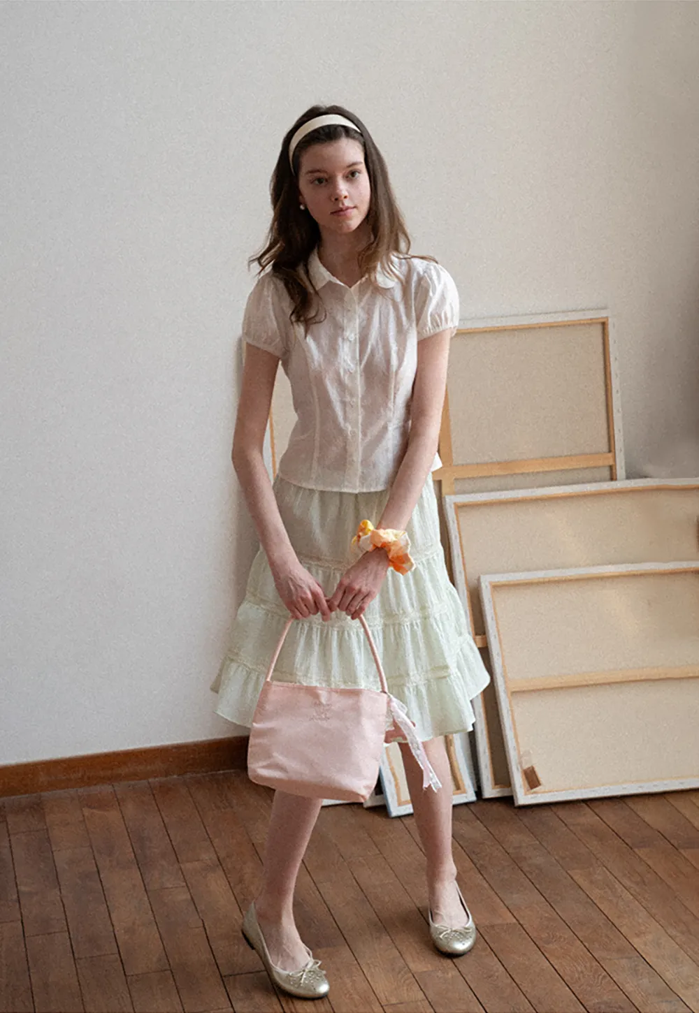 Short Sleeve Button Up Shirt with Collar and Puffed Sleeves