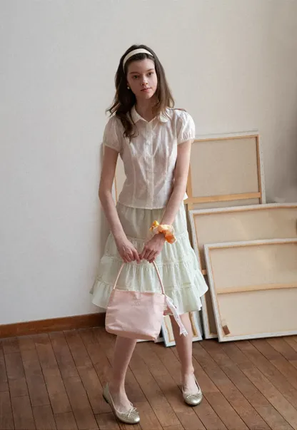 Short Sleeve Button Up Shirt with Collar and Puffed Sleeves