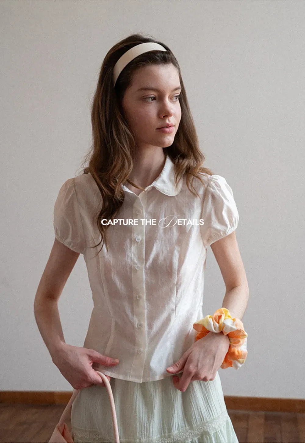 Short Sleeve Button Up Shirt with Collar and Puffed Sleeves