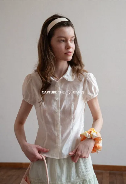 Short Sleeve Button Up Shirt with Collar and Puffed Sleeves