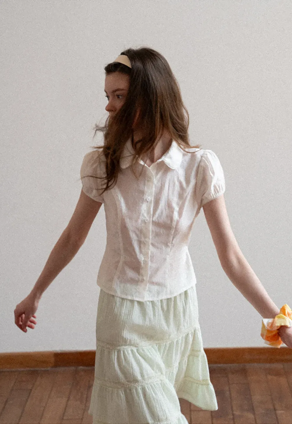 Short Sleeve Button Up Shirt with Collar and Puffed Sleeves