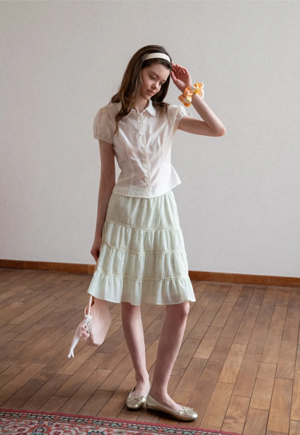 Short Sleeve Button Up Shirt with Collar and Puffed Sleeves