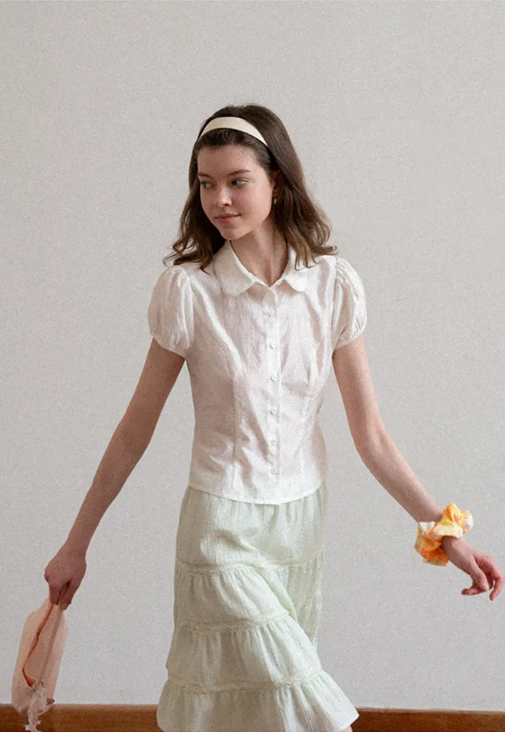 Short Sleeve Button Up Shirt with Collar and Puffed Sleeves