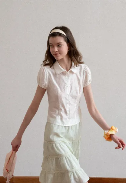 Short Sleeve Button Up Shirt with Collar and Puffed Sleeves