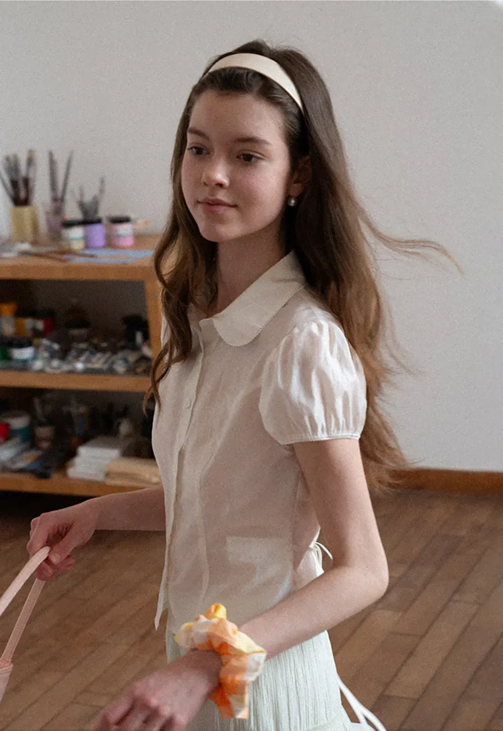 Short Sleeve Button Up Shirt with Collar and Puffed Sleeves