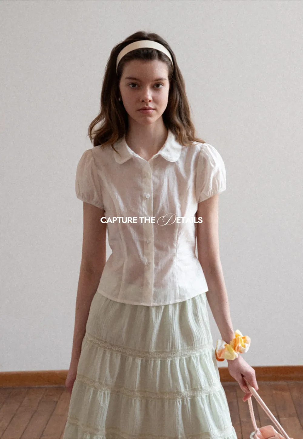 Short Sleeve Button Up Shirt with Collar and Puffed Sleeves