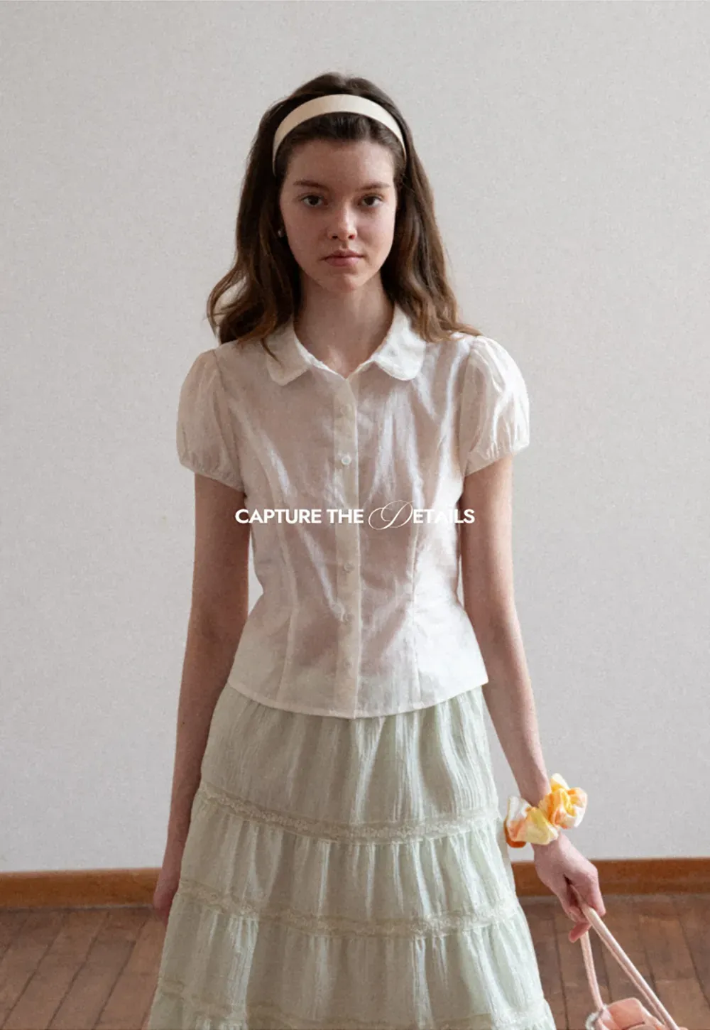 Short Sleeve Button Up Shirt with Collar and Puffed Sleeves