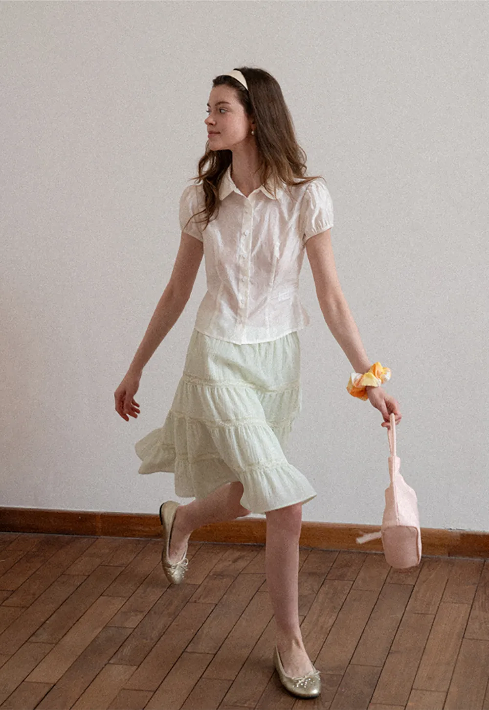 Short Sleeve Button Up Shirt with Collar and Puffed Sleeves