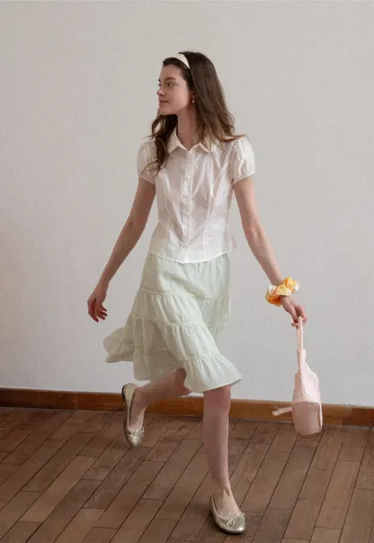 Short Sleeve Button Up Shirt with Collar and Puffed Sleeves