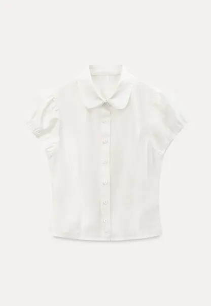 Short Sleeve Button Up Shirt with Collar and Puffed Sleeves