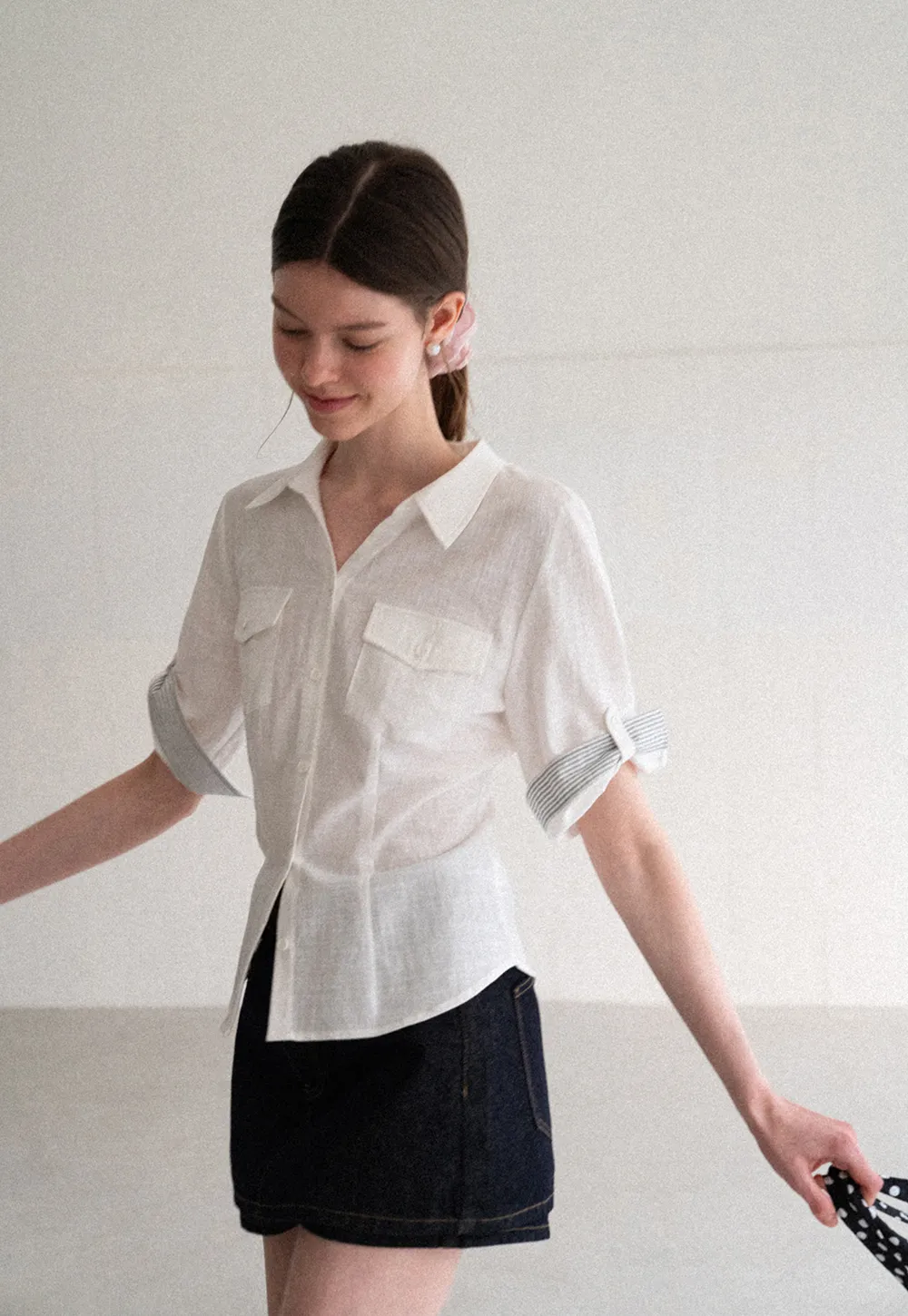 Cuffed Sleeve Button Down Shirt with Chest Pockets