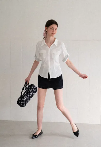 Cuffed Sleeve Button Down Shirt with Chest Pockets