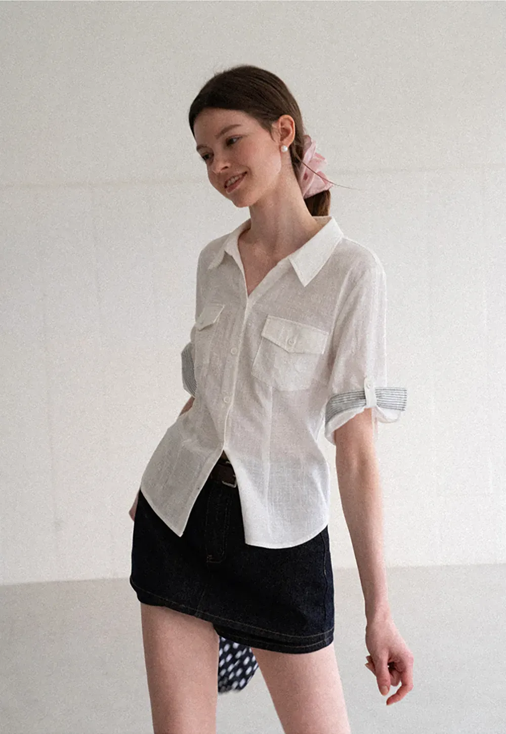 Cuffed Sleeve Button Down Shirt with Chest Pockets
