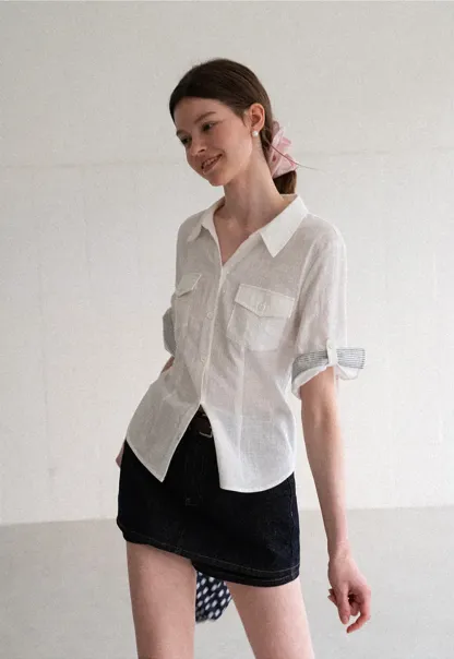 Cuffed Sleeve Button Down Shirt with Chest Pockets