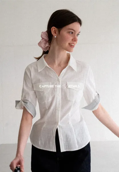 Cuffed Sleeve Button Down Shirt with Chest Pockets