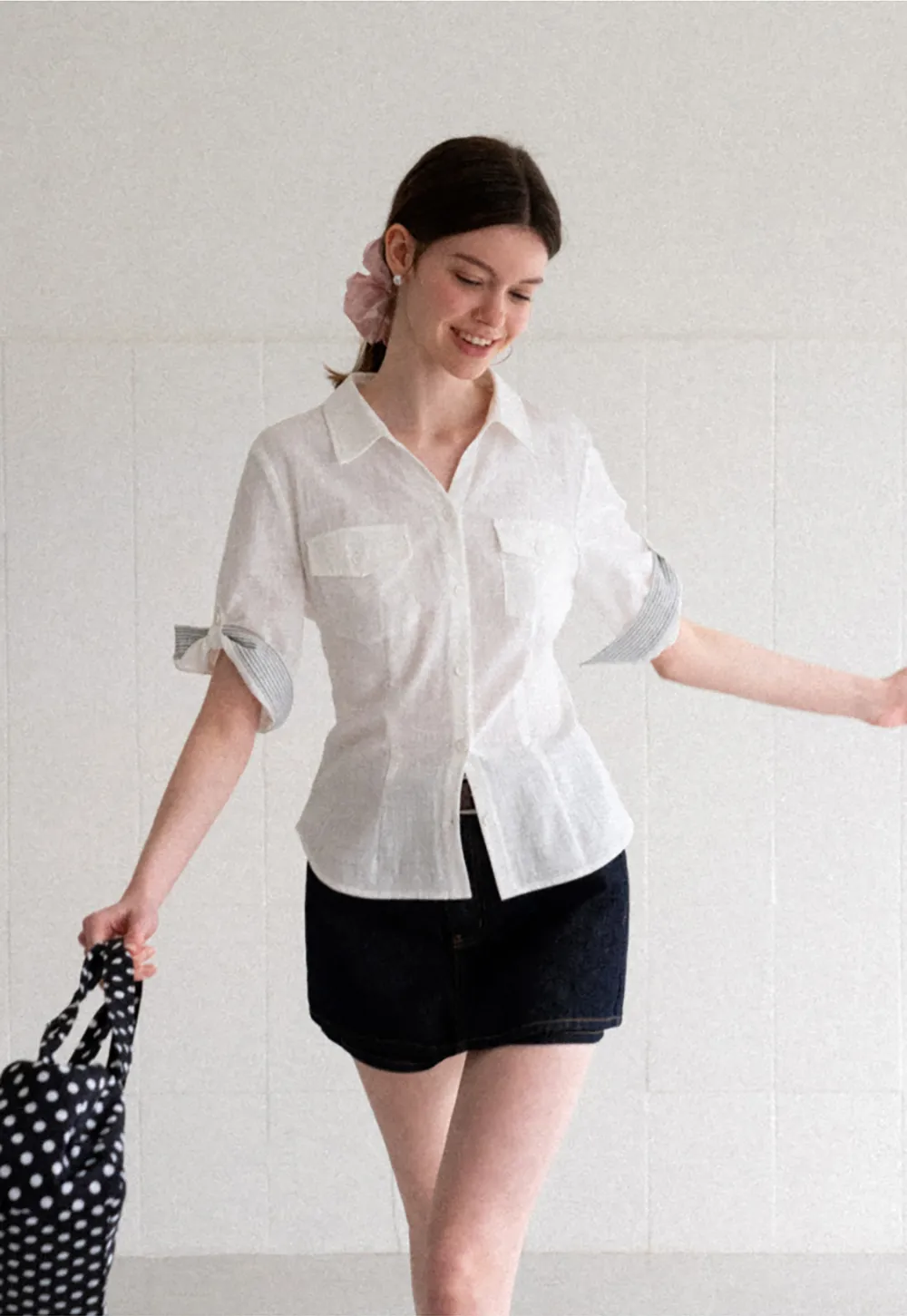 Cuffed Sleeve Button Down Shirt with Chest Pockets