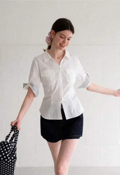 Cuffed Sleeve Button Down Shirt with Chest Pockets