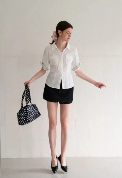 Cuffed Sleeve Button Down Shirt with Chest Pockets