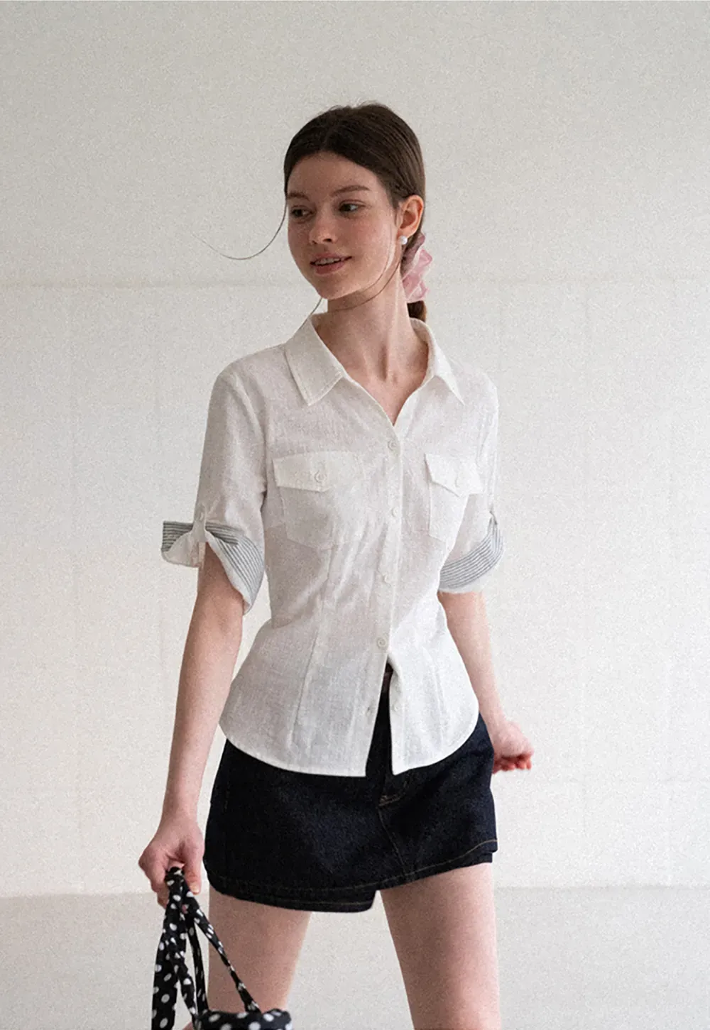 Cuffed Sleeve Button Down Shirt with Chest Pockets