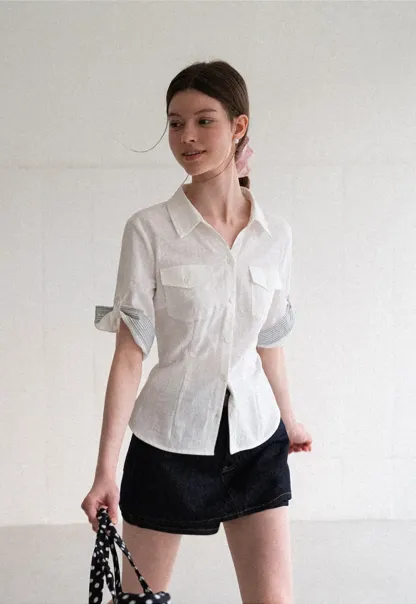 Cuffed Sleeve Button Down Shirt with Chest Pockets