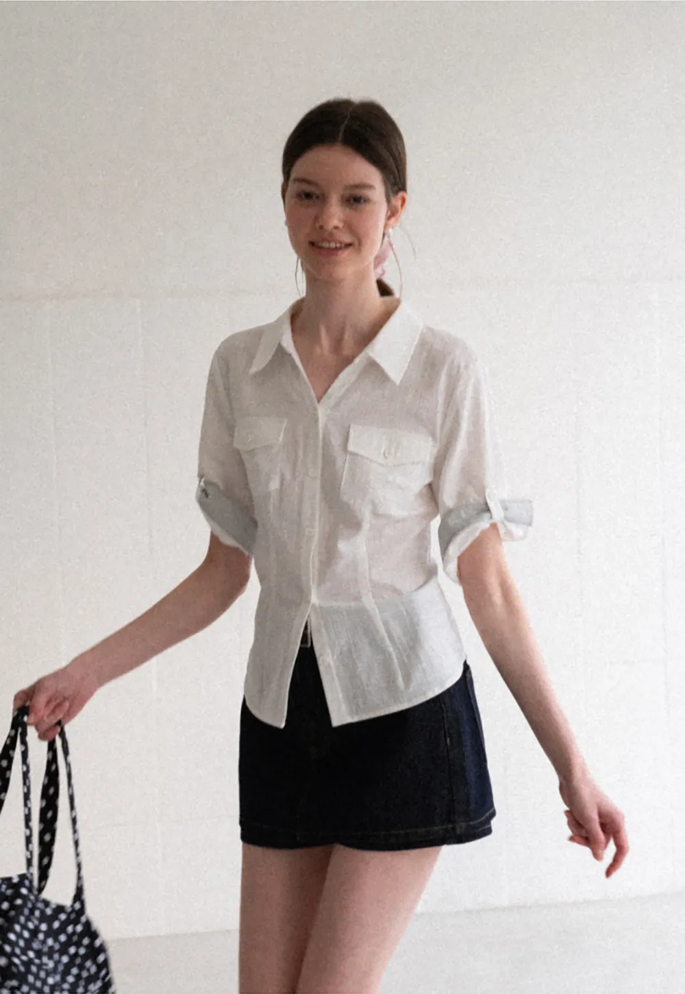 Cuffed Sleeve Button Down Shirt with Chest Pockets