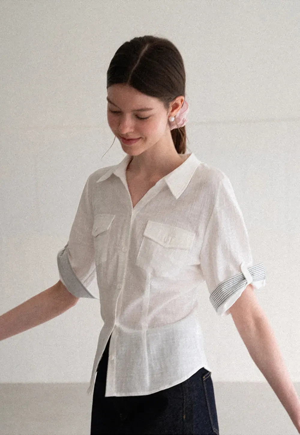 Cuffed Sleeve Button Down Shirt with Chest Pockets