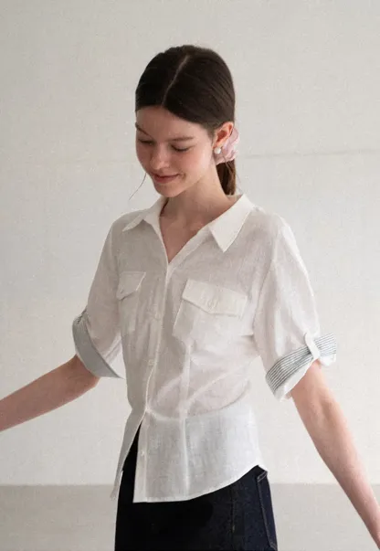 Cuffed Sleeve Button Down Shirt with Chest Pockets