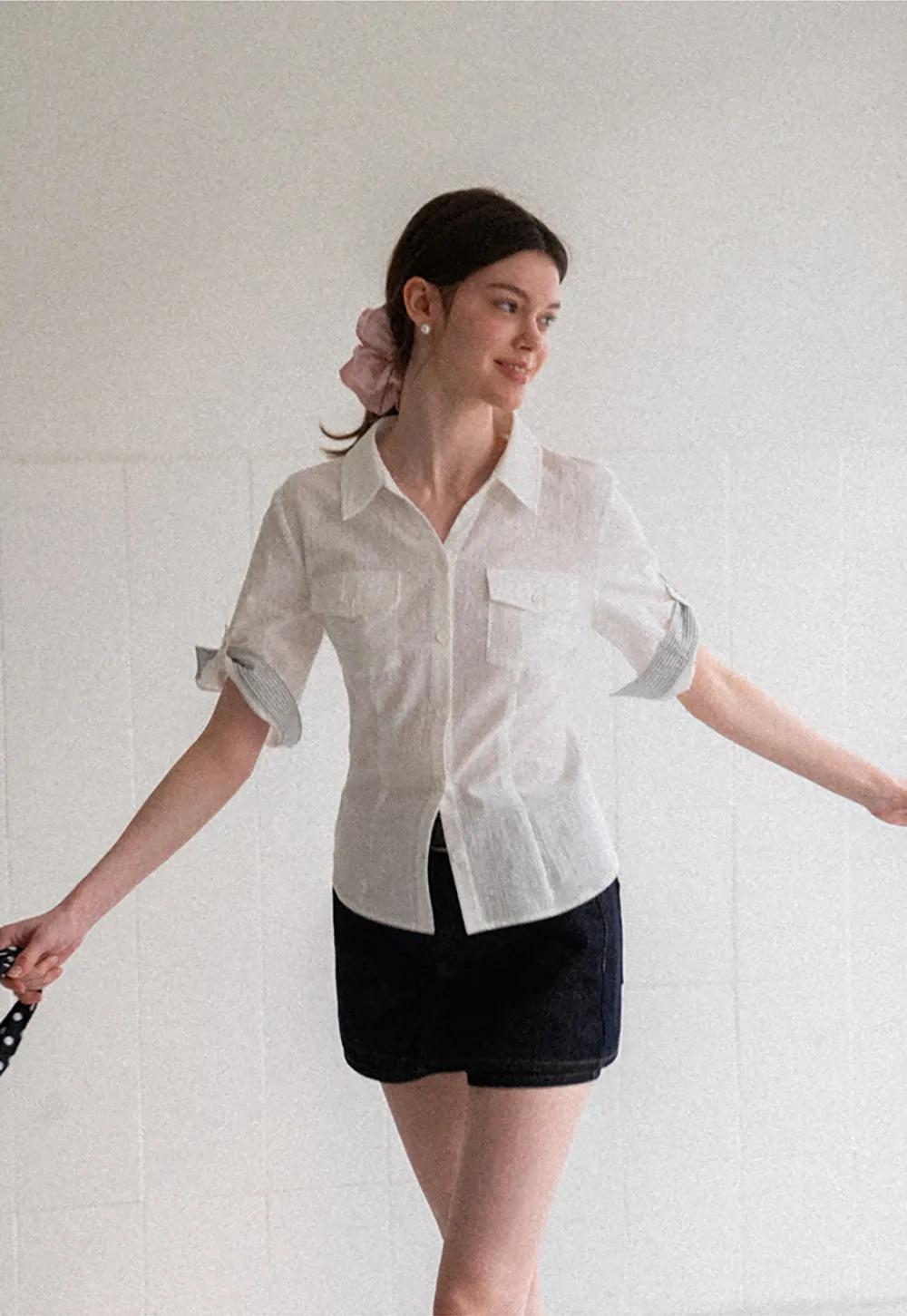Cuffed Sleeve Button Down Shirt with Chest Pockets