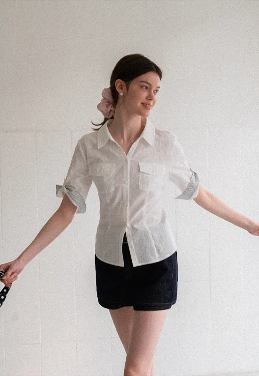 Cuffed Sleeve Button Down Shirt with Chest Pockets