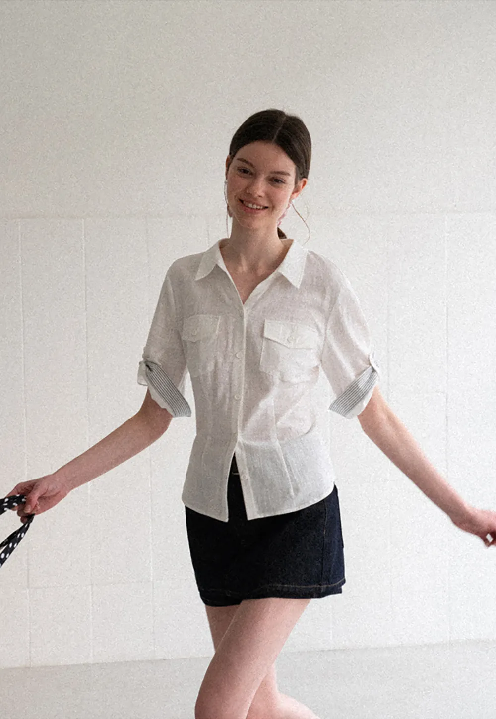 Cuffed Sleeve Button Down Shirt with Chest Pockets