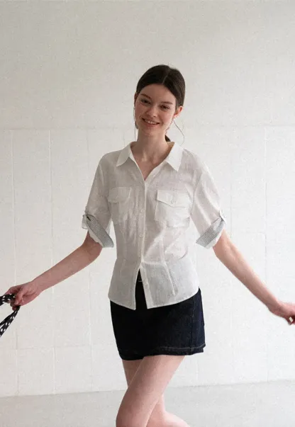 Cuffed Sleeve Button Down Shirt with Chest Pockets