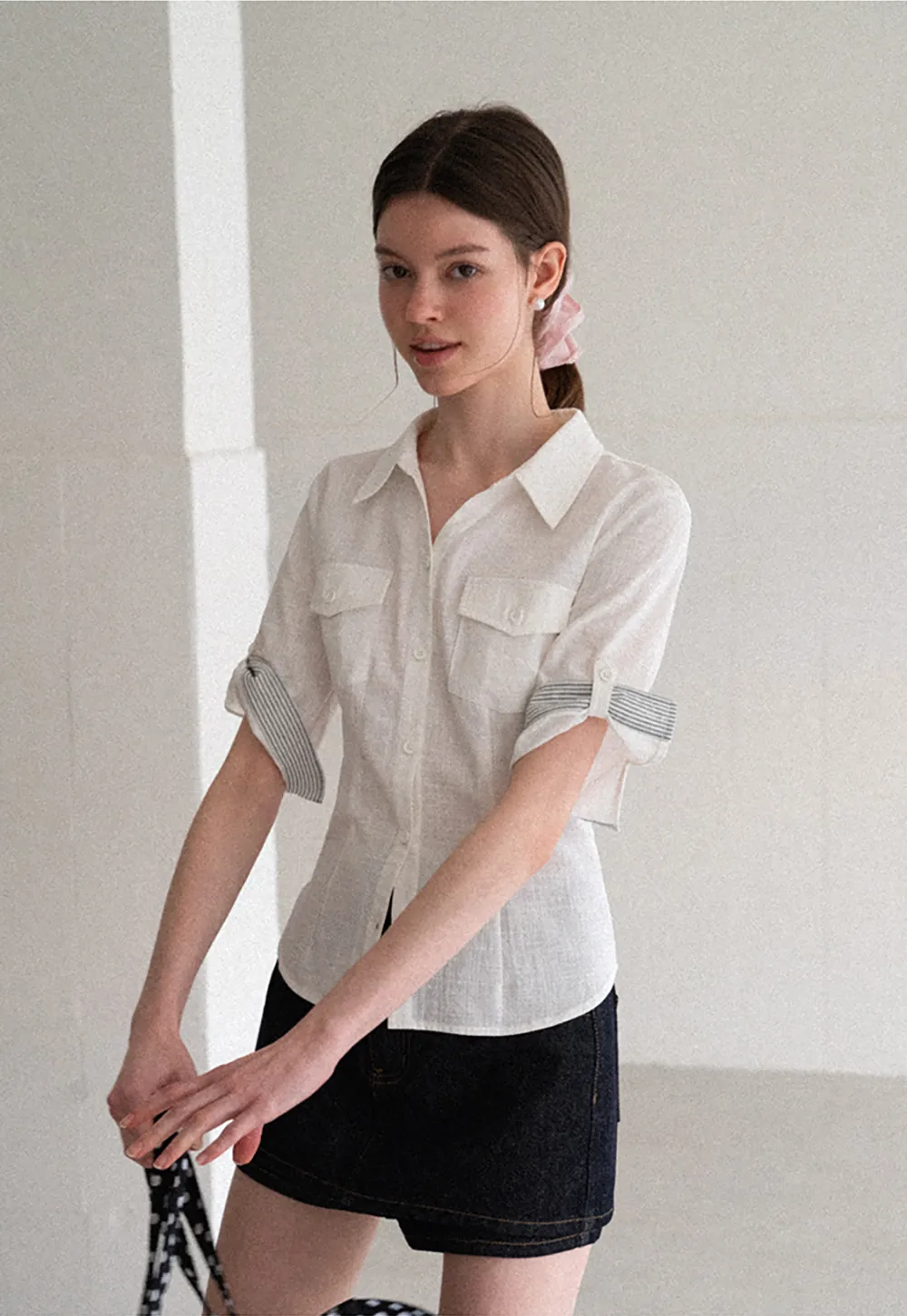 Cuffed Sleeve Button Down Shirt with Chest Pockets