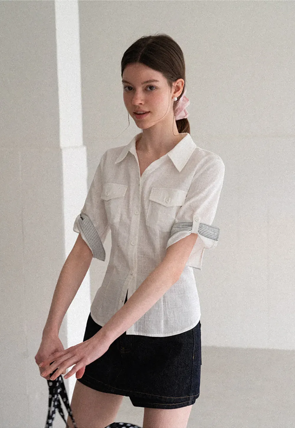 Cuffed Sleeve Button Down Shirt with Chest Pockets