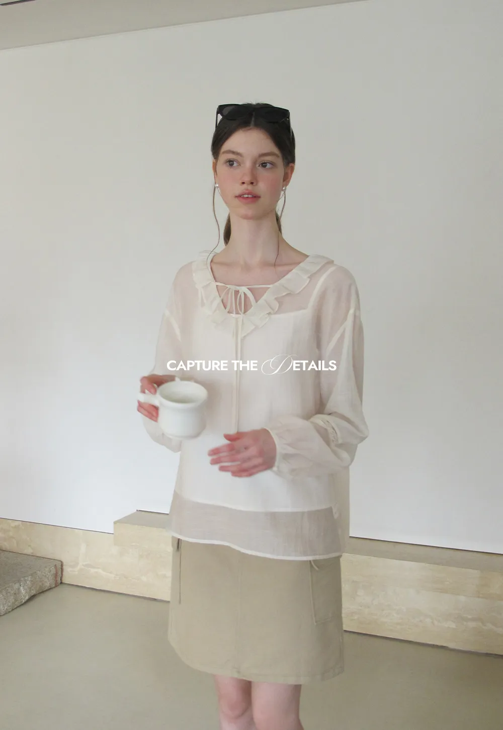Ruffled Collar Lace Trim Long Sleeve Shirt
