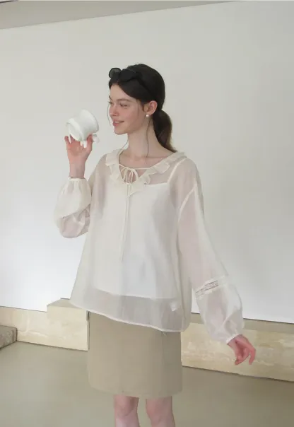 Ruffled Collar Lace Trim Long Sleeve Shirt