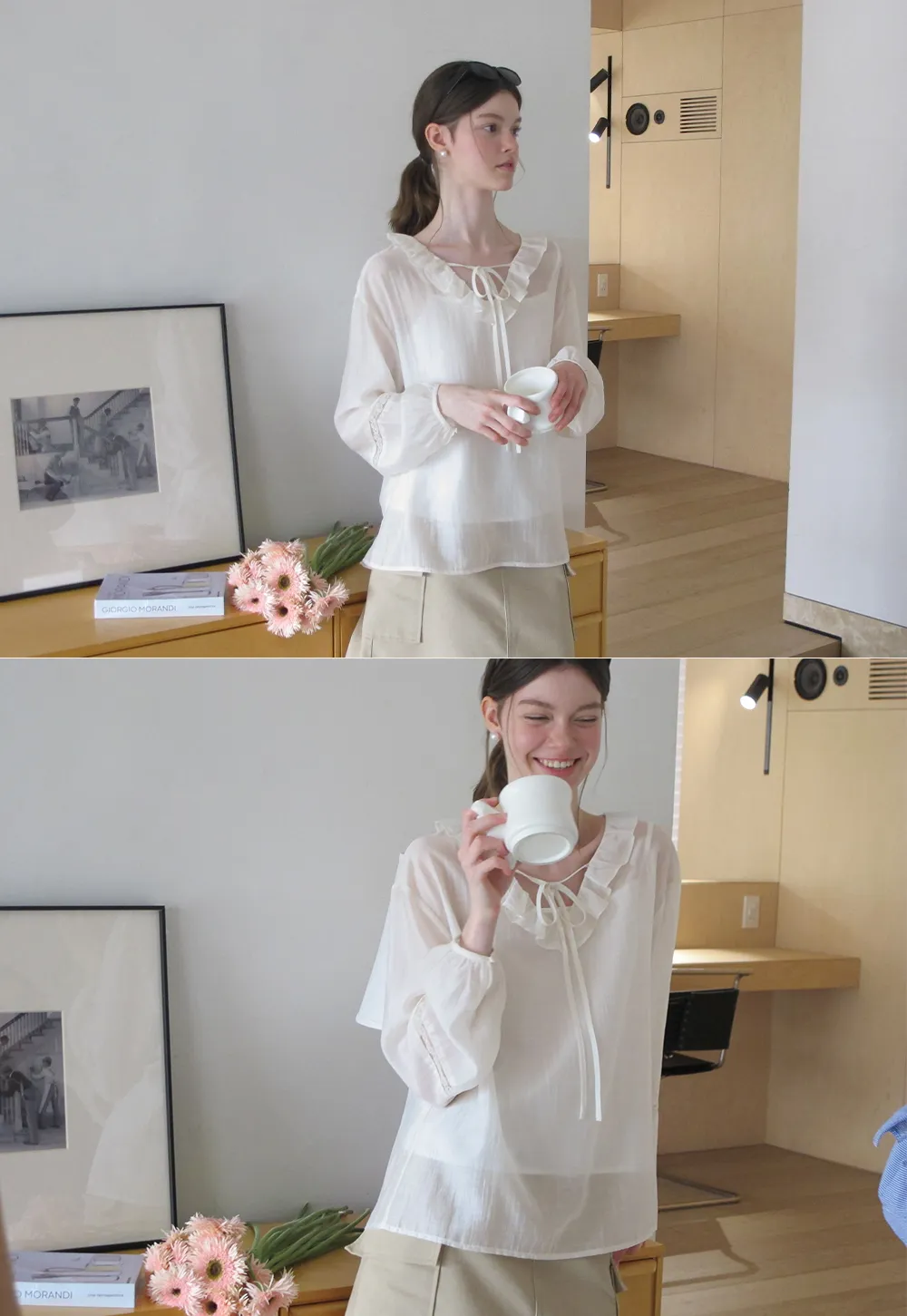 Ruffled Collar Lace Trim Long Sleeve Shirt