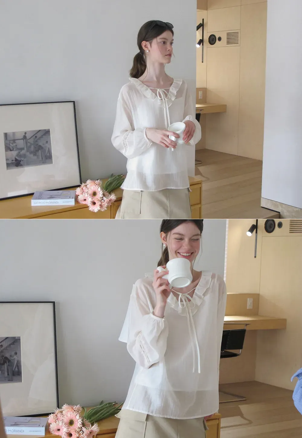 Ruffled Collar Lace Trim Long Sleeve Shirt