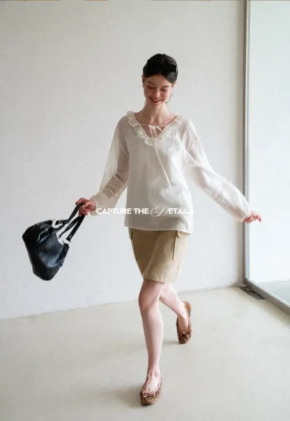 Ruffled Collar Lace Trim Long Sleeve Shirt