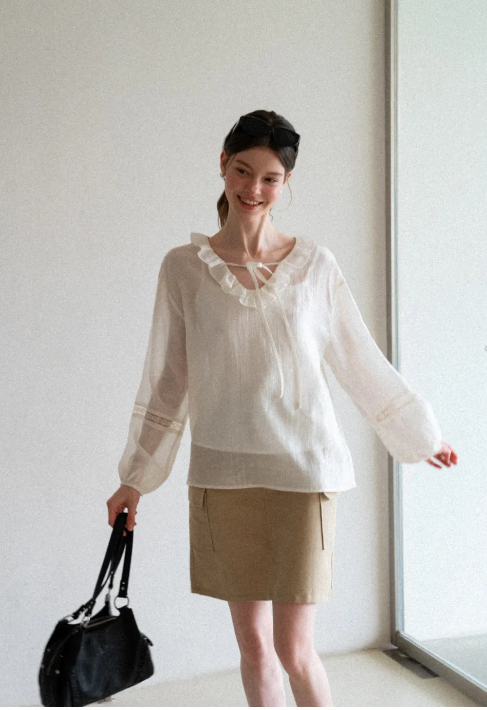 Ruffled Collar Lace Trim Long Sleeve Shirt