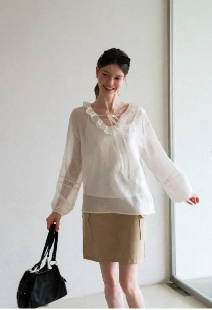 Ruffled Collar Lace Trim Long Sleeve Shirt