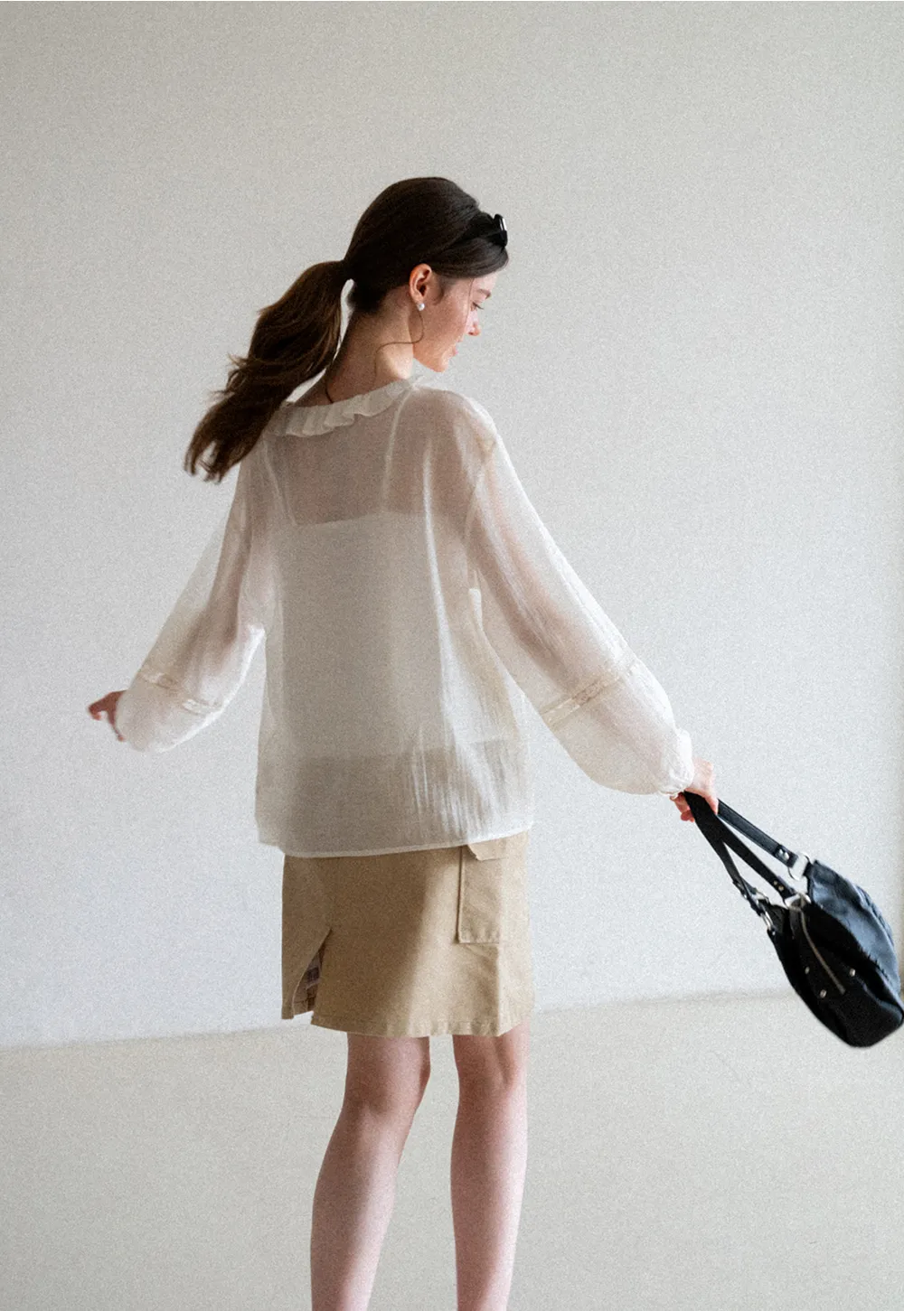 Ruffled Collar Lace Trim Long Sleeve Shirt