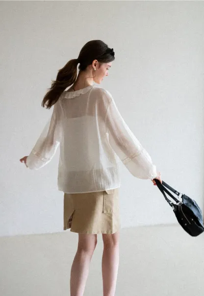 Ruffled Collar Lace Trim Long Sleeve Shirt