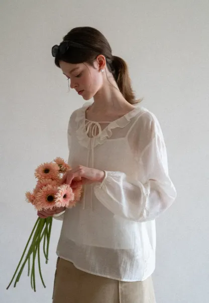 Ruffled Collar Lace Trim Long Sleeve Shirt