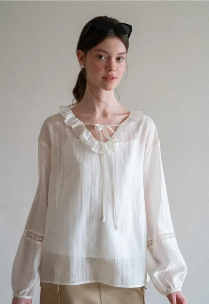 Ruffled Collar Lace Trim Long Sleeve Shirt