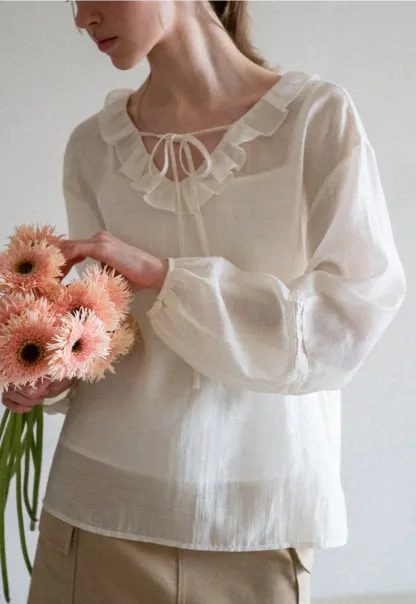 Ruffled Collar Lace Trim Long Sleeve Shirt